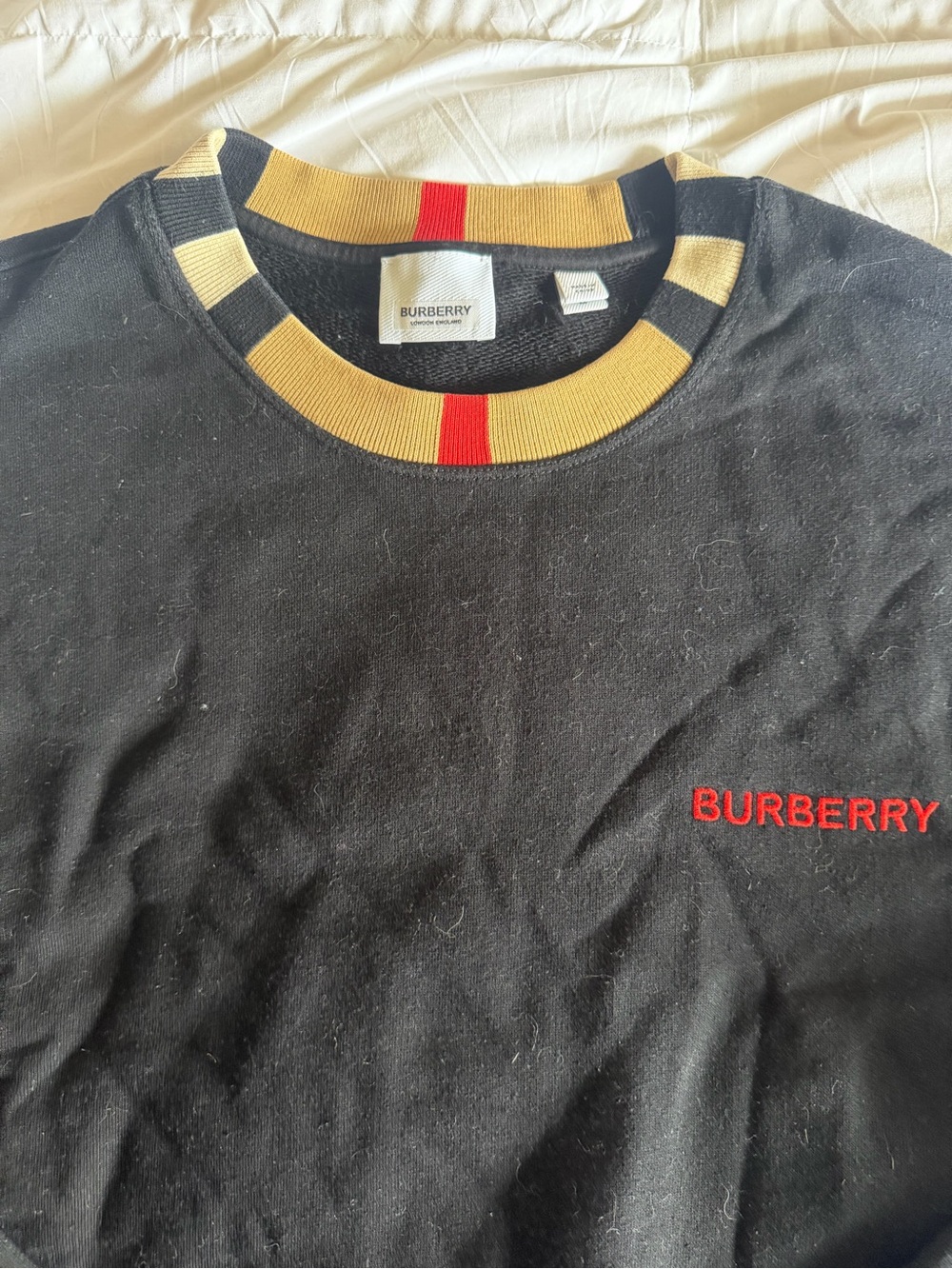 Burberry Black Crewneck Sweater with Beige and Red Stripe Collar French Terry